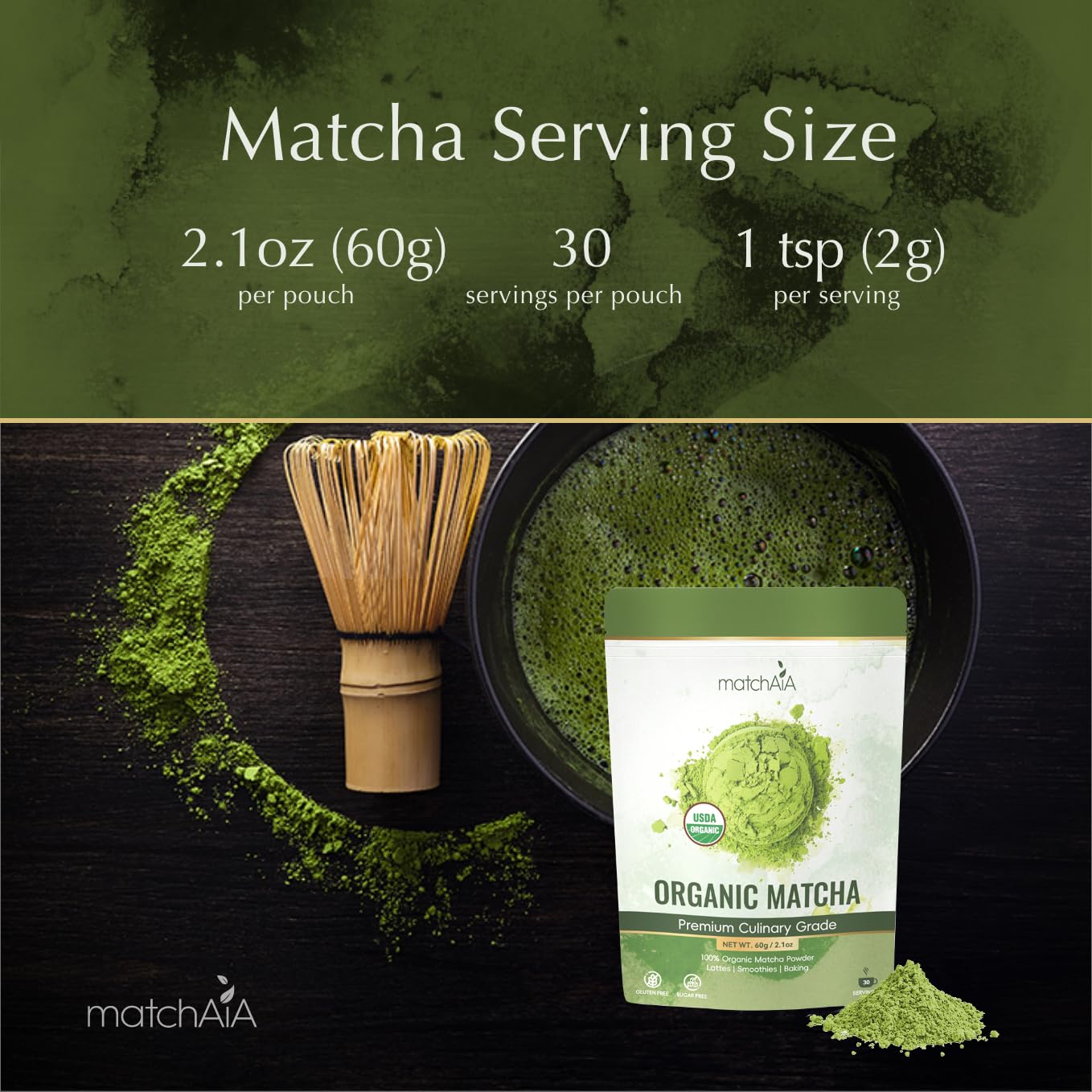 Premium Culinary Grade, 100% Pure Green Tea Powder, Perfect for Lattes, Smoothies, Desserts and Baking (60g / 2.1oz Pouch)